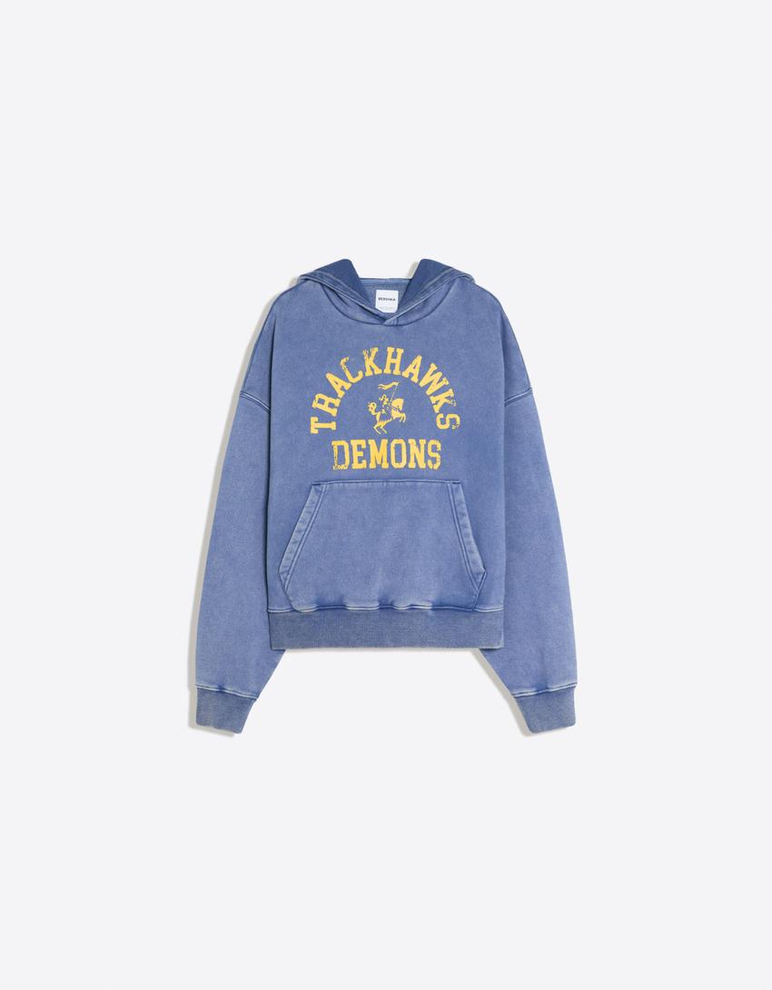 Sudadera capucha efecto lavado print-Marino