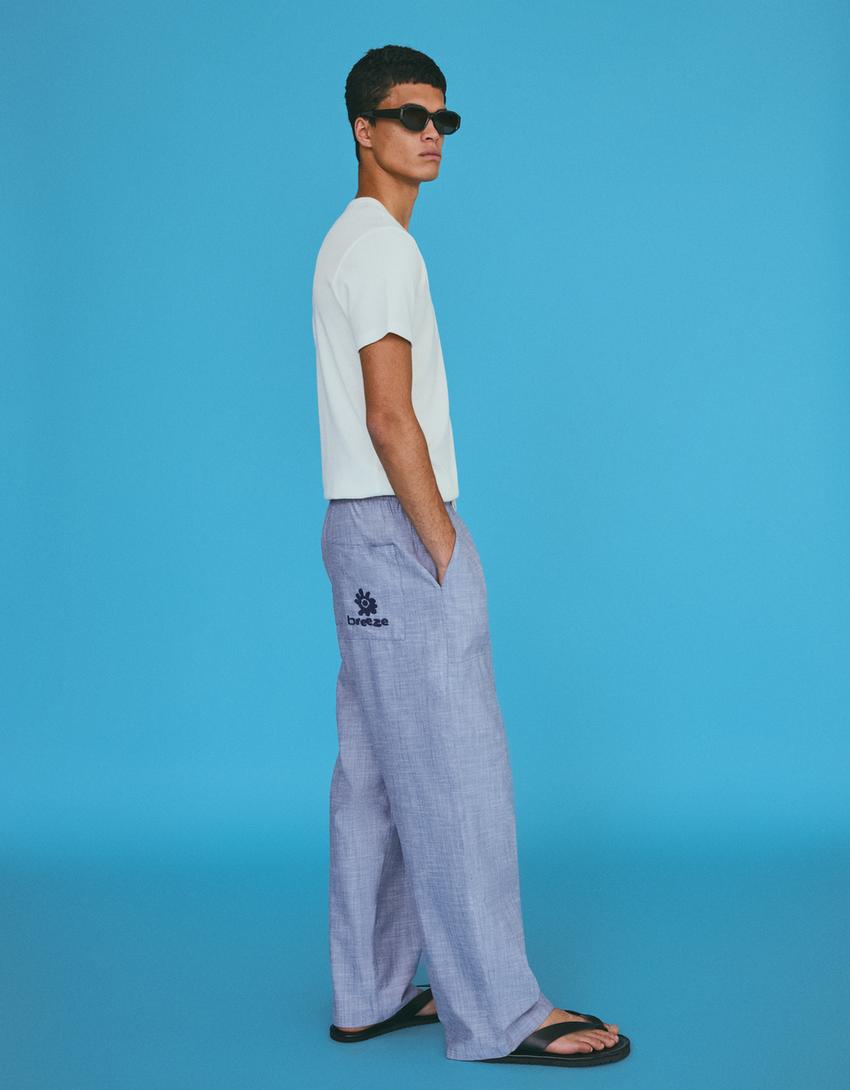 Embroidered flowing baggy pants-Blue