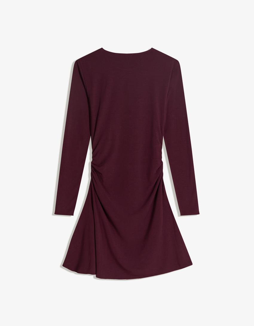 Vestido mini manga larga frunces-Burdeos