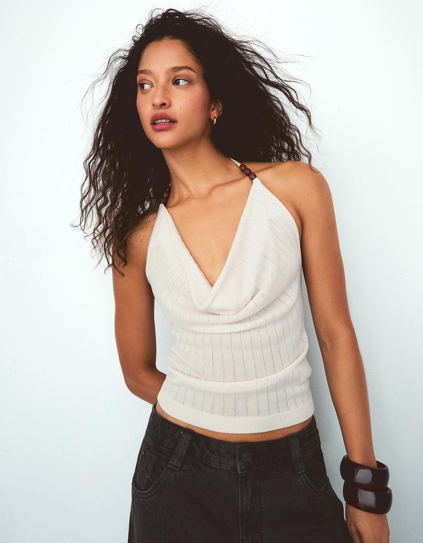 Draped halter top-Cream