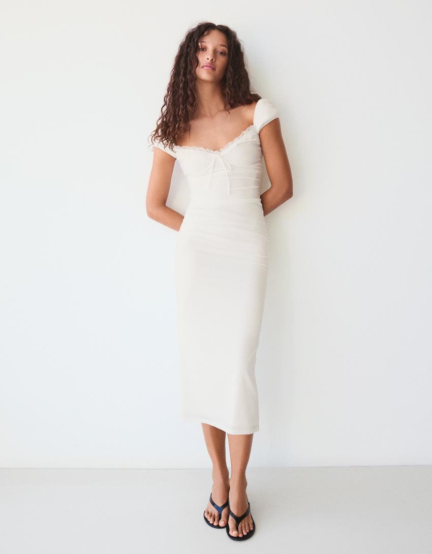 Vestido midi bambula encaje-Blanco roto