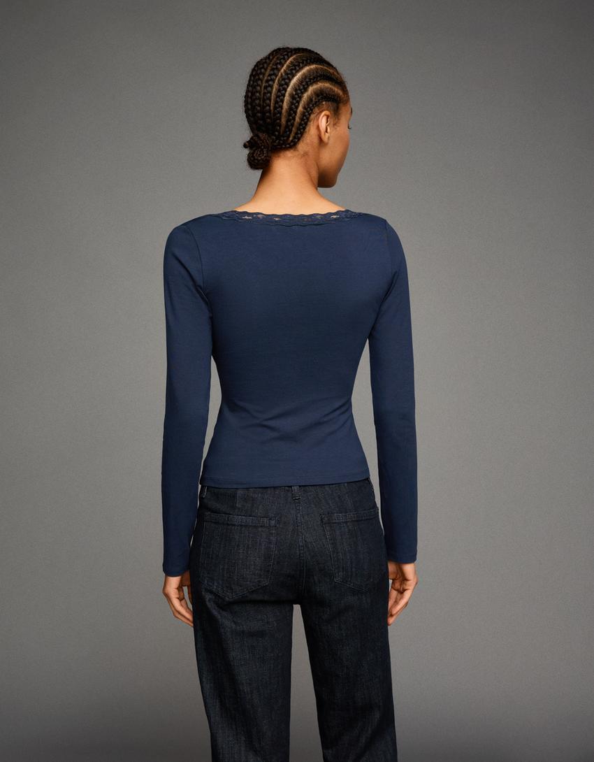 Long sleeve lace T-shirt-Navy