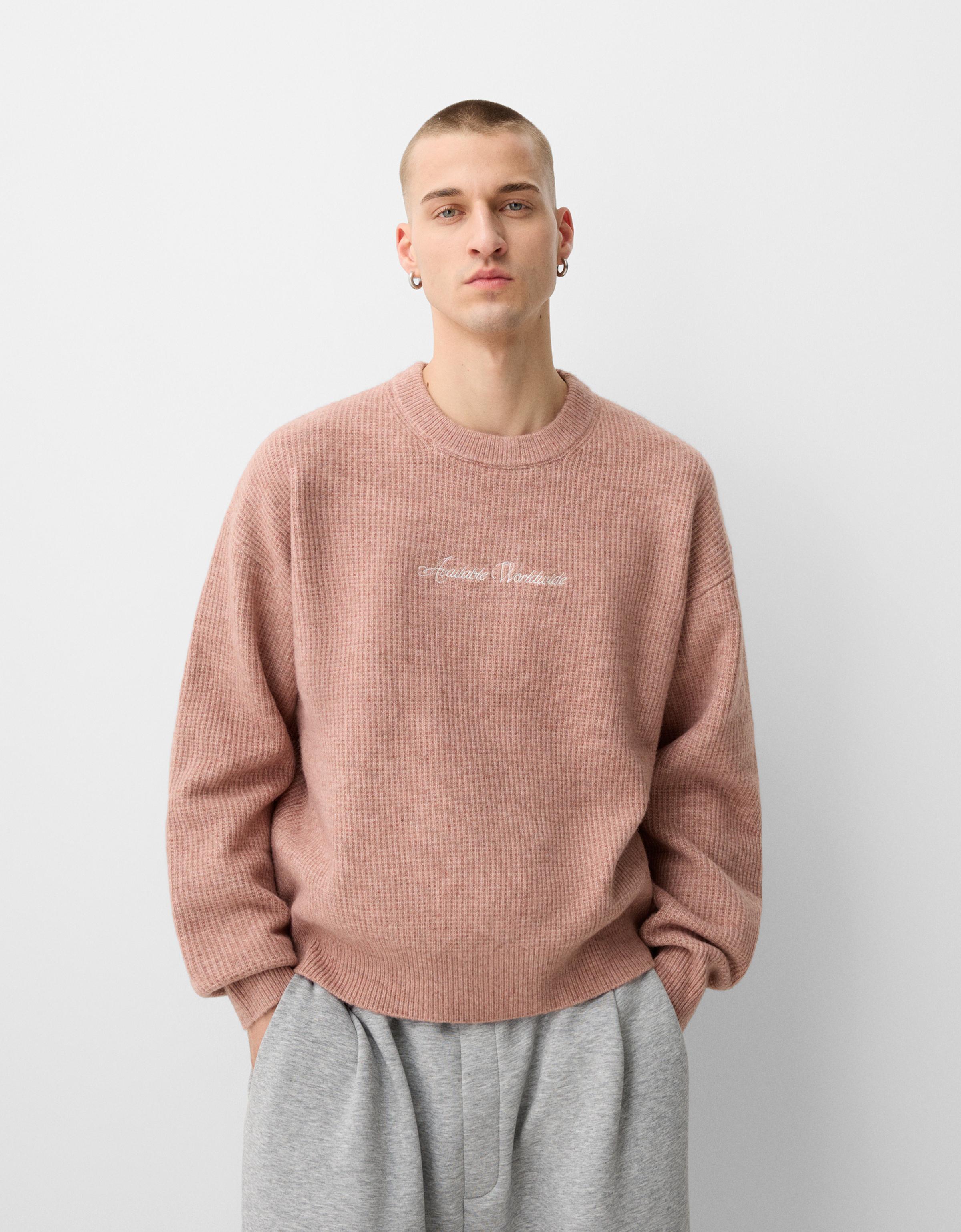 Bershka Pullover Mit Strukturmuster Und Stickerei Herren M Rosa