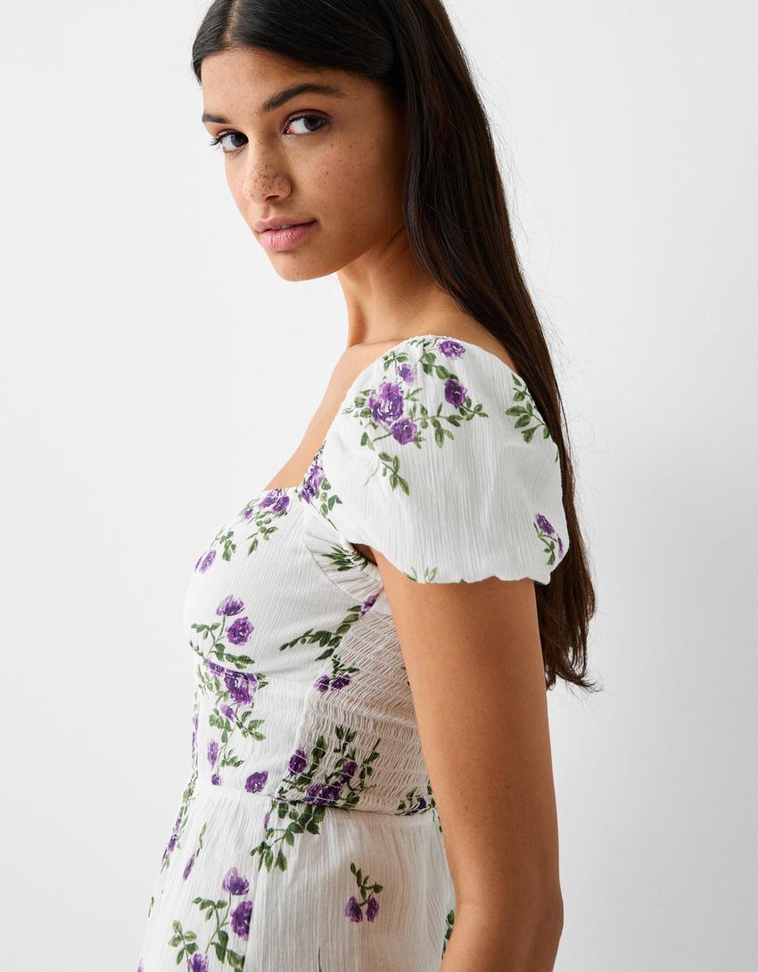 Textured floral print short sleeve midi dress-White-3