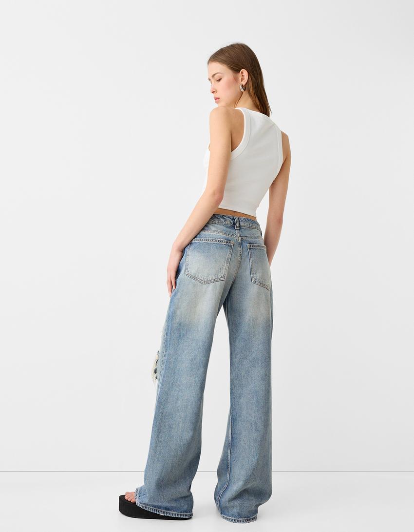 Jeans baggy com rasgões-Azul lavado-2