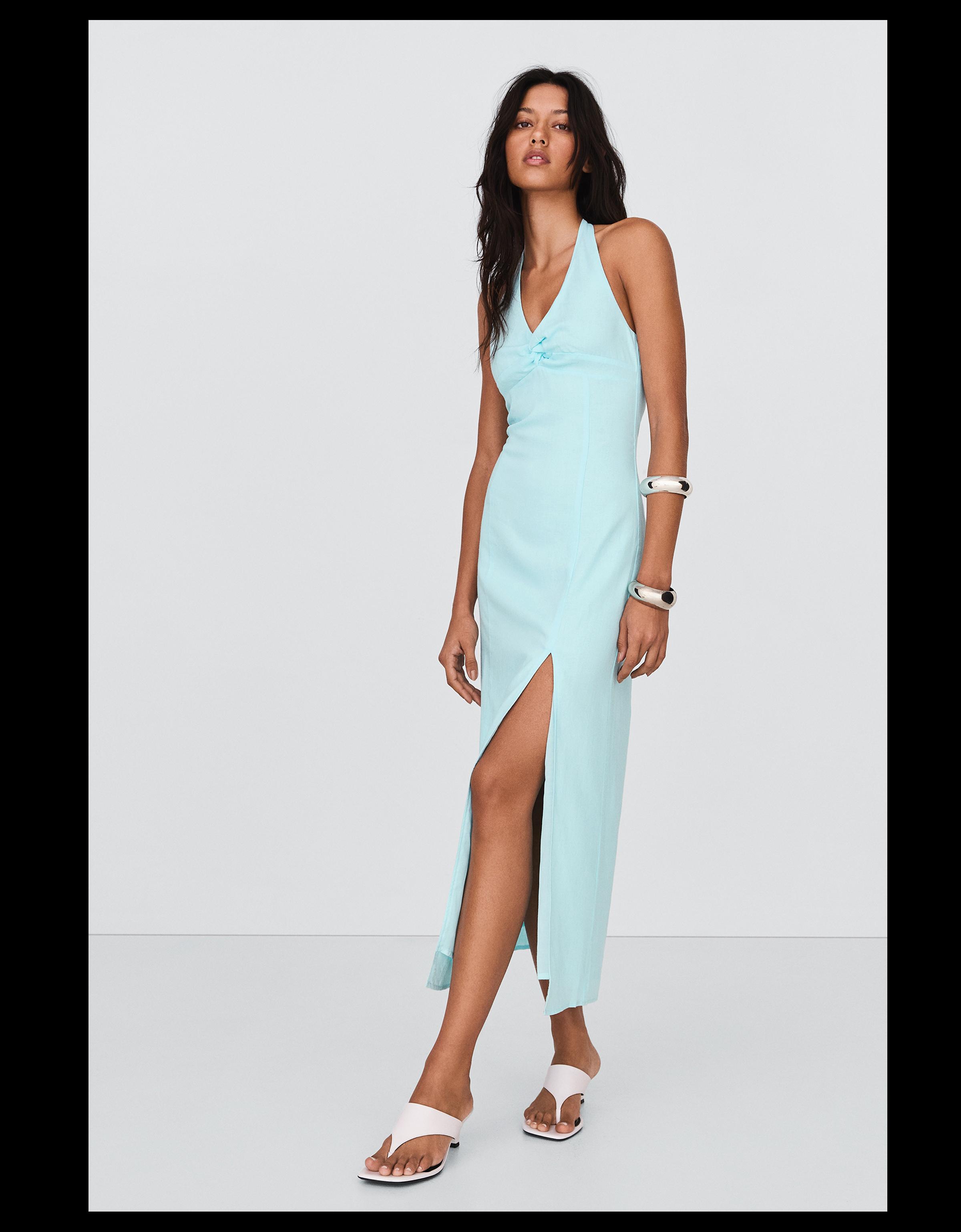 Ketenli halter midi elbise - Görsel 37