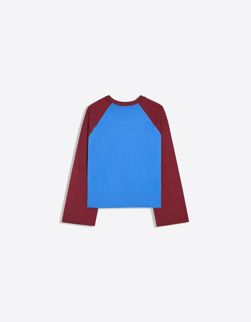 Contrast print long sleeve raglan T-shirt-Blue