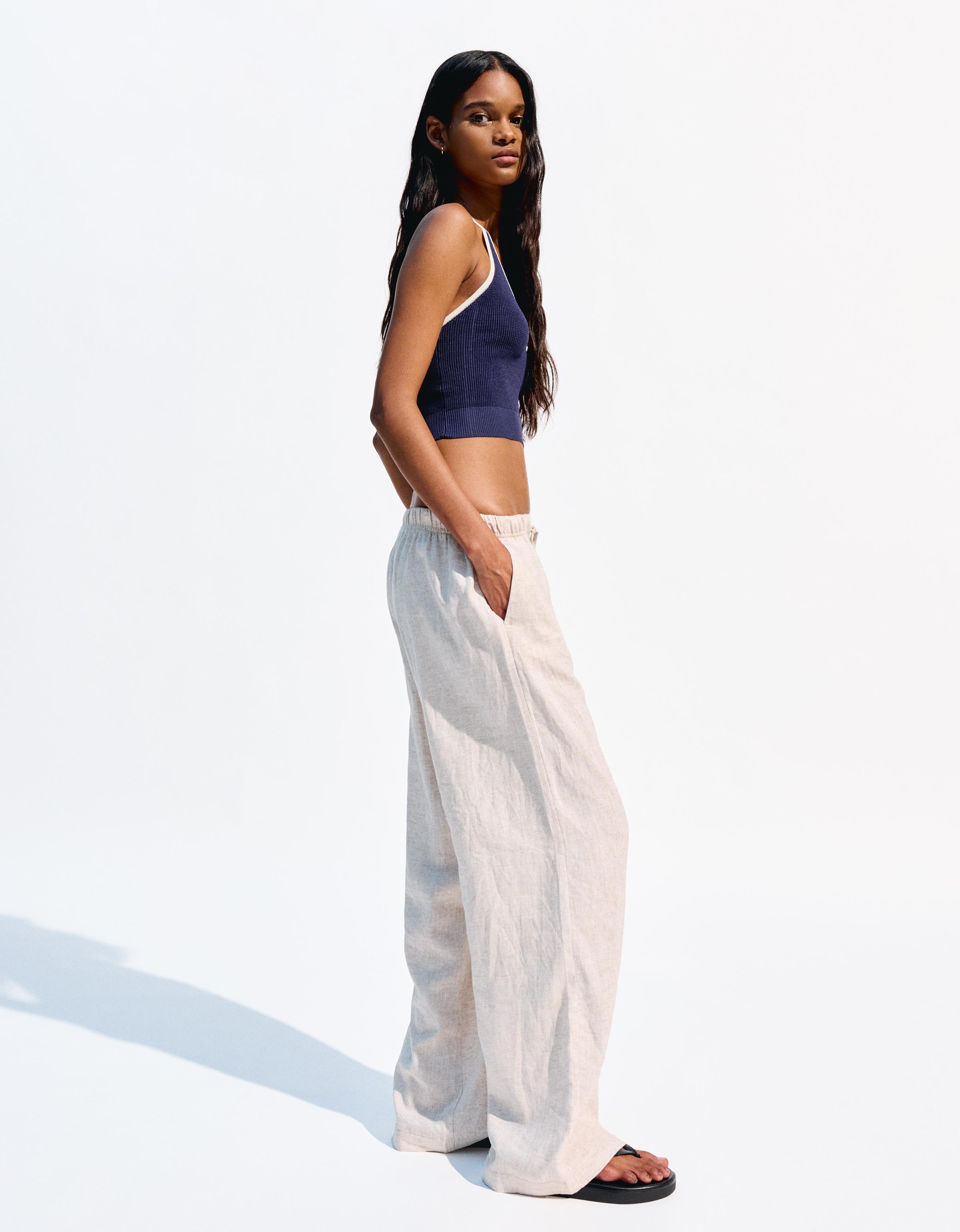 Bershka Leinenhose Mit Gummibund Damen L Rohweiß
