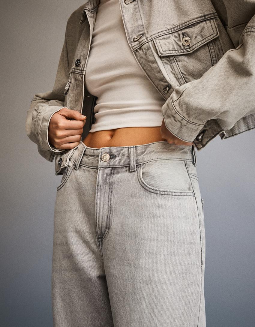 Jeans wide leg barrel-Gris