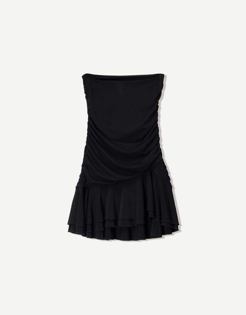 Rochie mini drapată volane-Negru-4