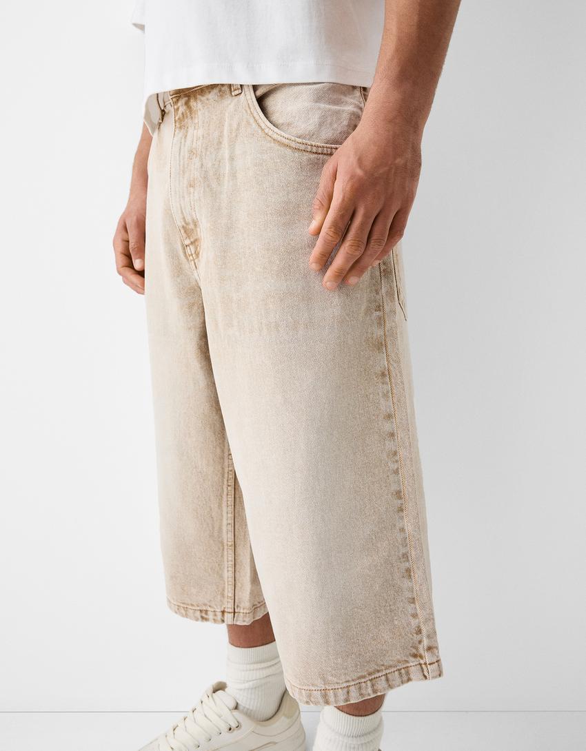 Super baggy denim Bermuda jorts-Cream