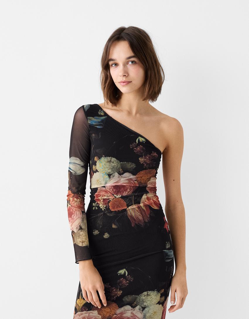 فستان تول طويل غير متماثل بطبعة جان فان كيسيل وأكمام طويلة-أسود-1