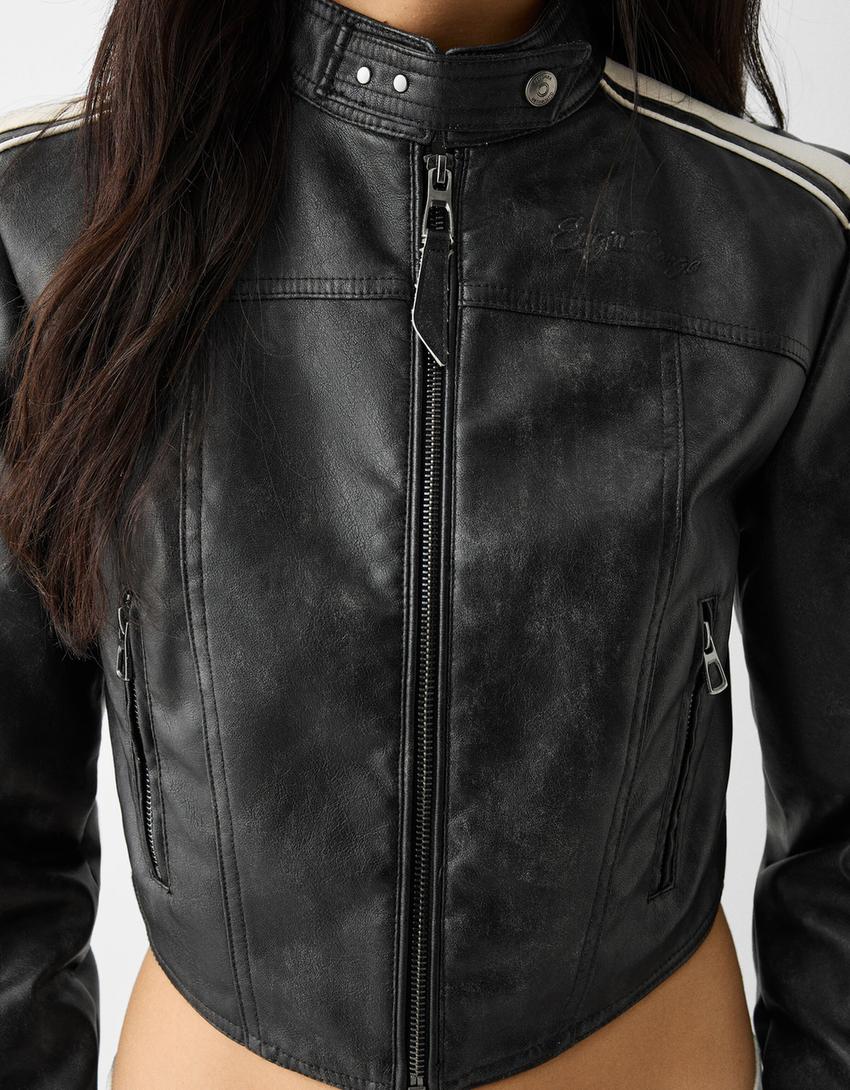 Faux leather jacket with side stripes-Black