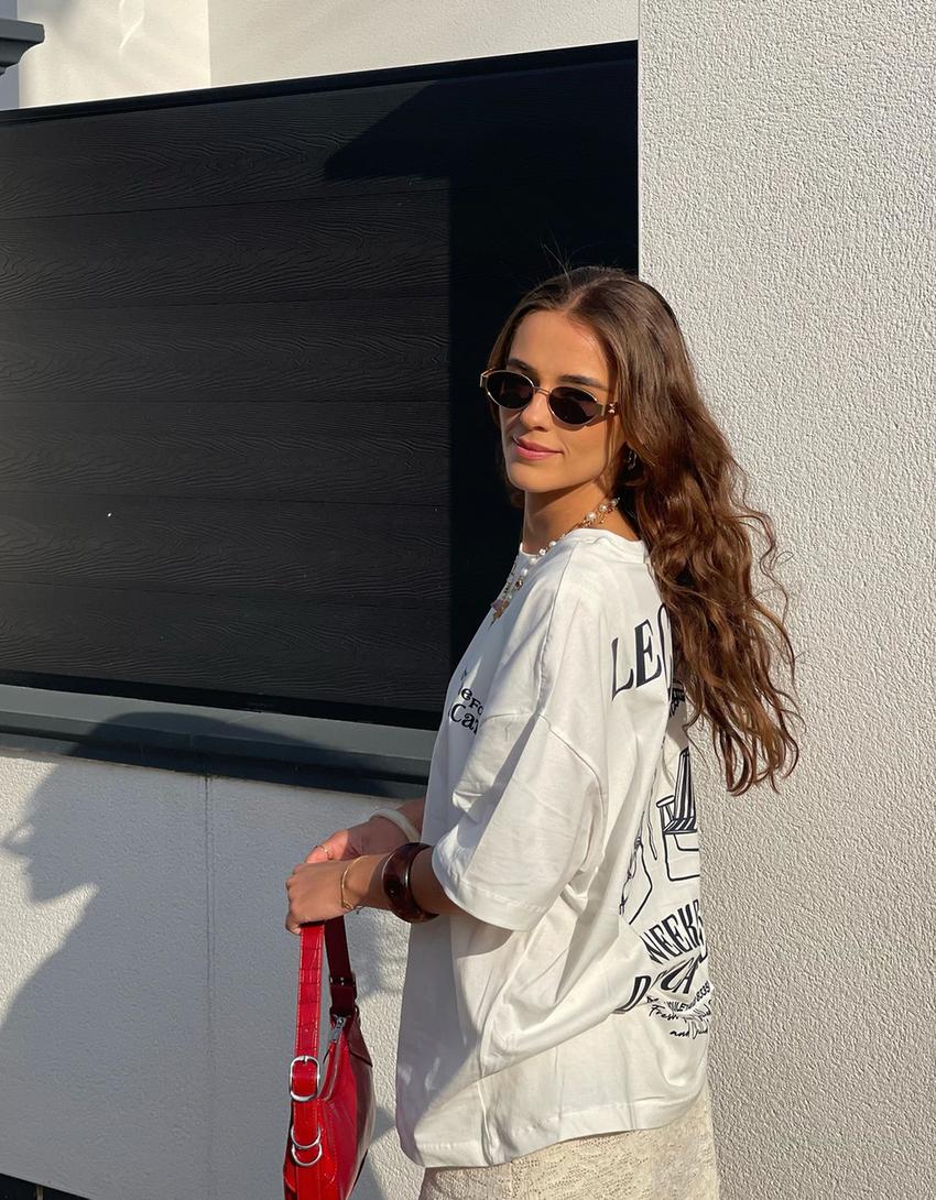 T-shirt manches courtes oversize imprimé-Écru-1