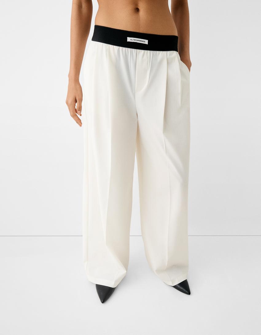 بنطال رسمي واسع الساقين بخصر مرن-كريمي-3