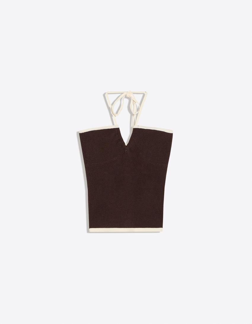 Kontrastowy dzianinowy top bandeau-Brązowy