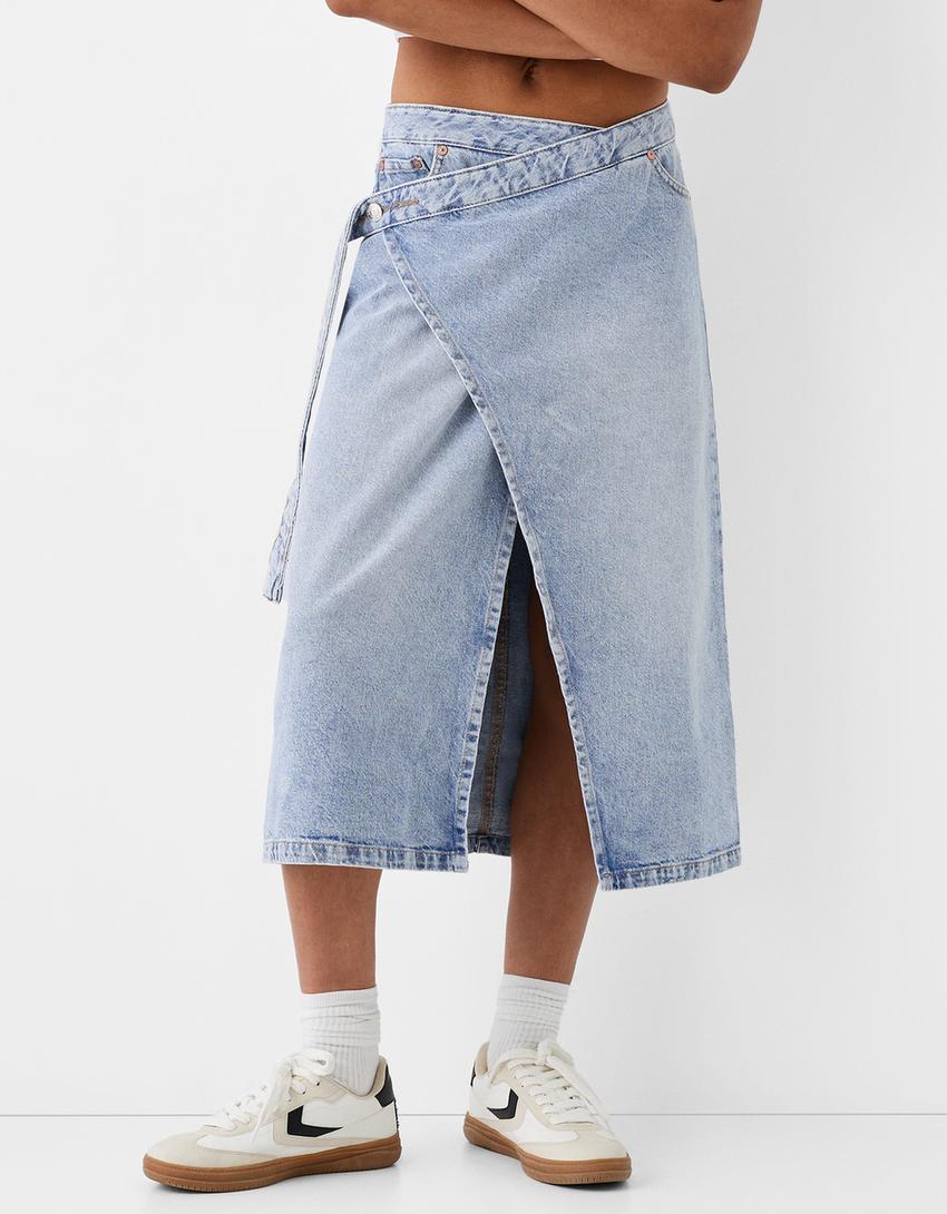 تنورة سكورت دنيم متداخلة-أزرق مغسول من الخارج-1