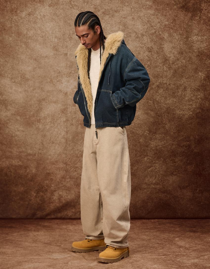 Jeansjacke mit Kunstfellkragen-Marinenblau