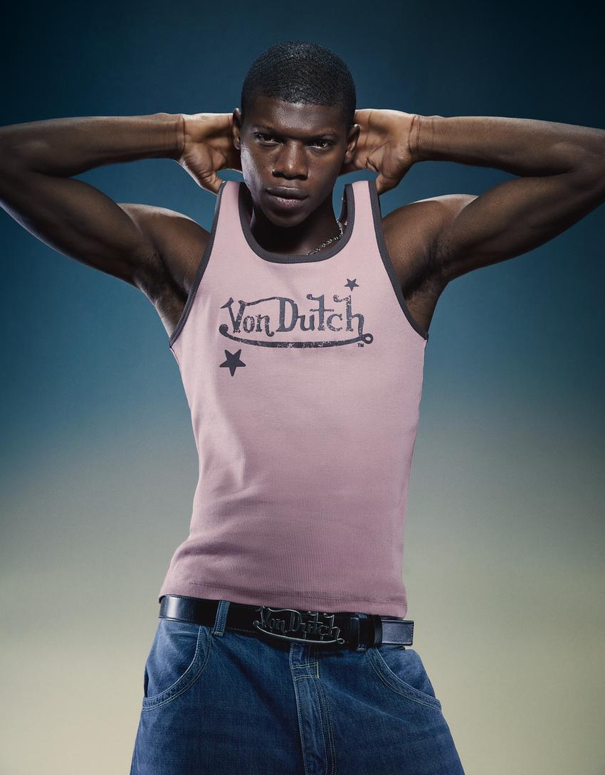 Von Dutch print vest top with ribbed straps-Pink