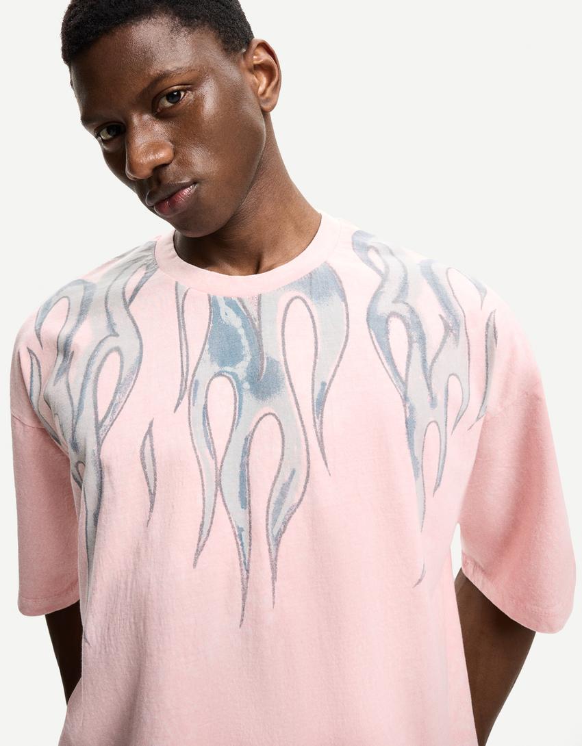 Oversized short sleeve printed T-shirt-Pink-2