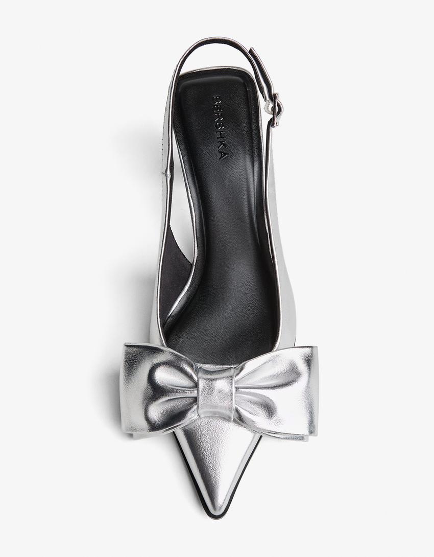 Bow kitten heel shoes-SILVER