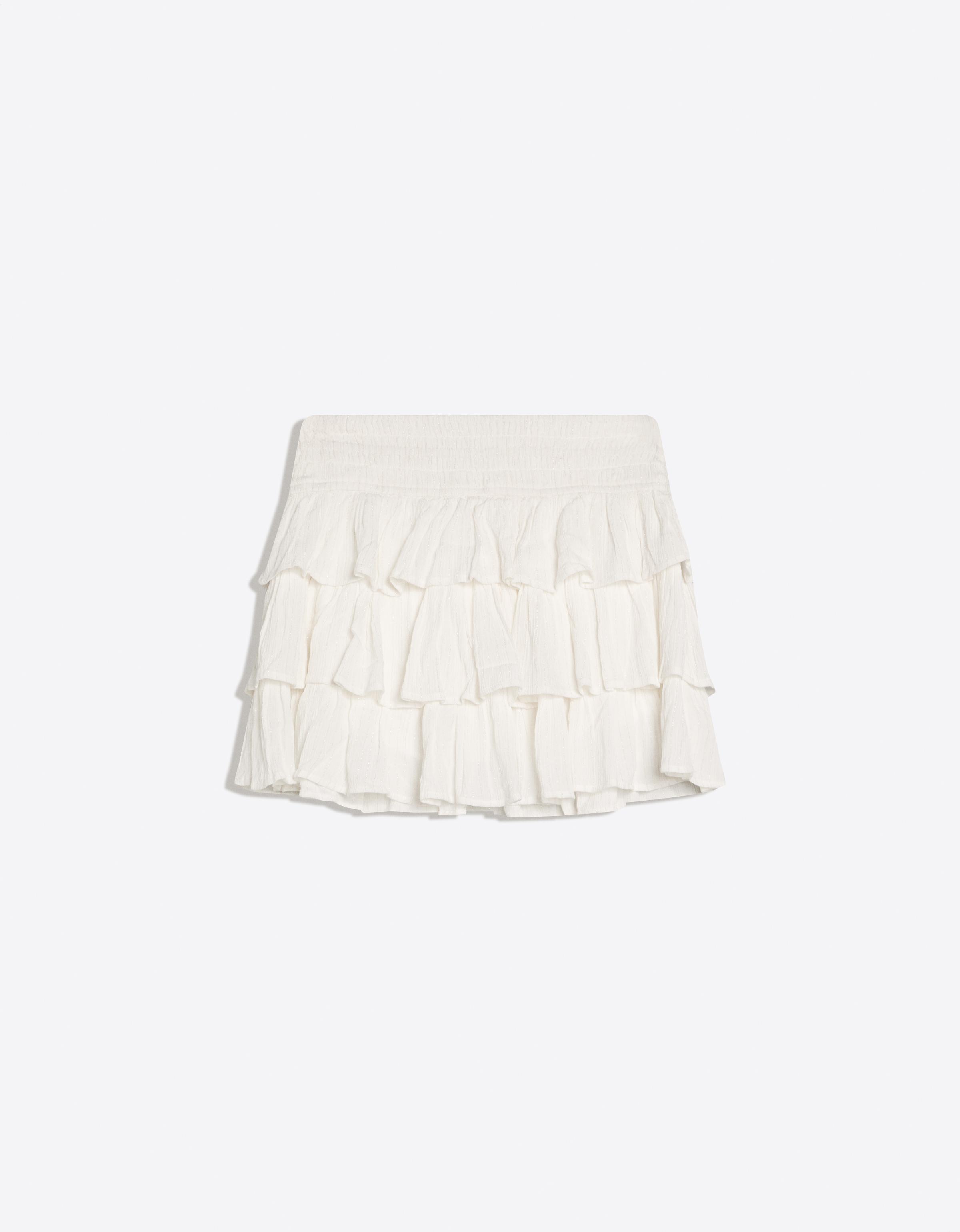 Metallic thread ruffled mini skirt — White