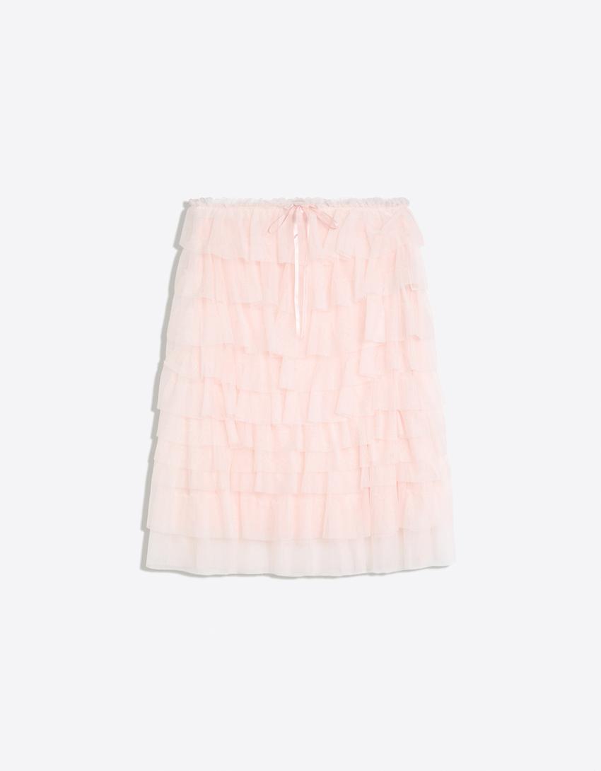 Layered tulle midi skirt-Orange