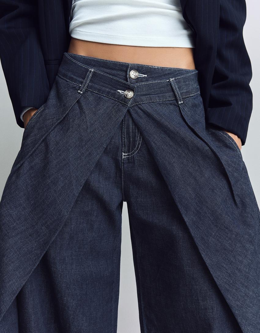 Balloon-Jeans mit Falten und tiefem Bund-Marinenblau