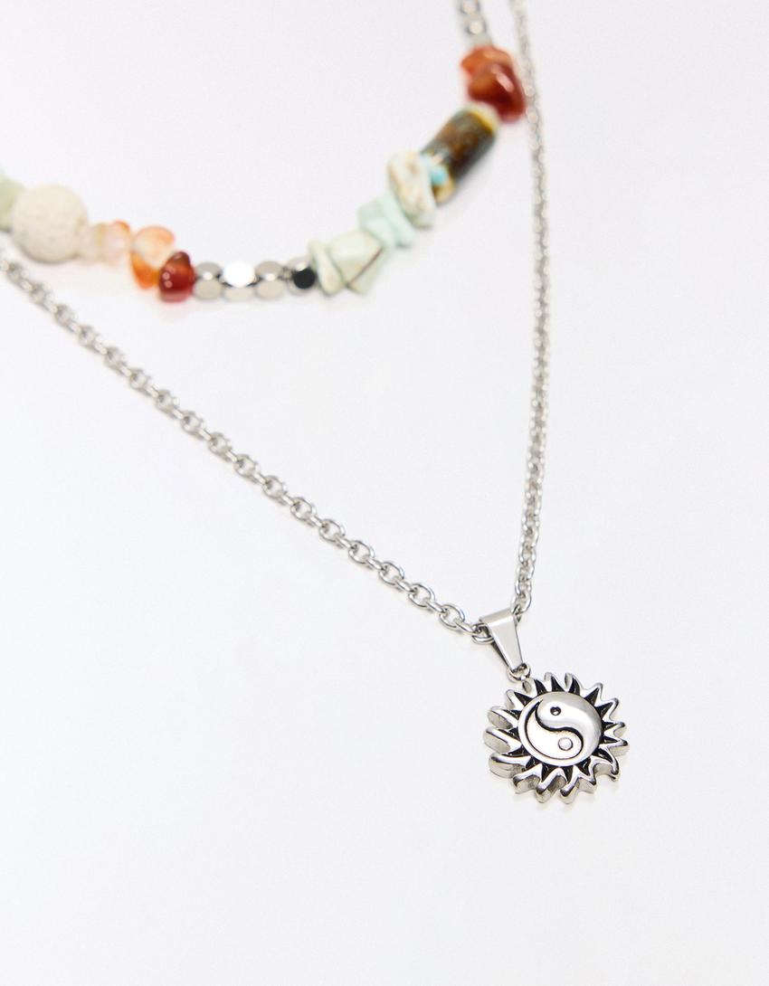 Stone and stainless steel necklace-Brown