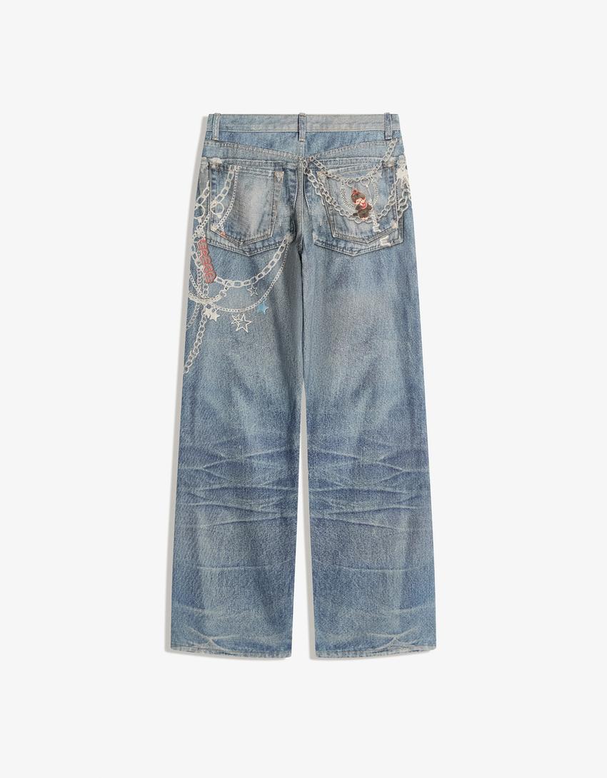 Monchhichi print baggy jeans-Light blue