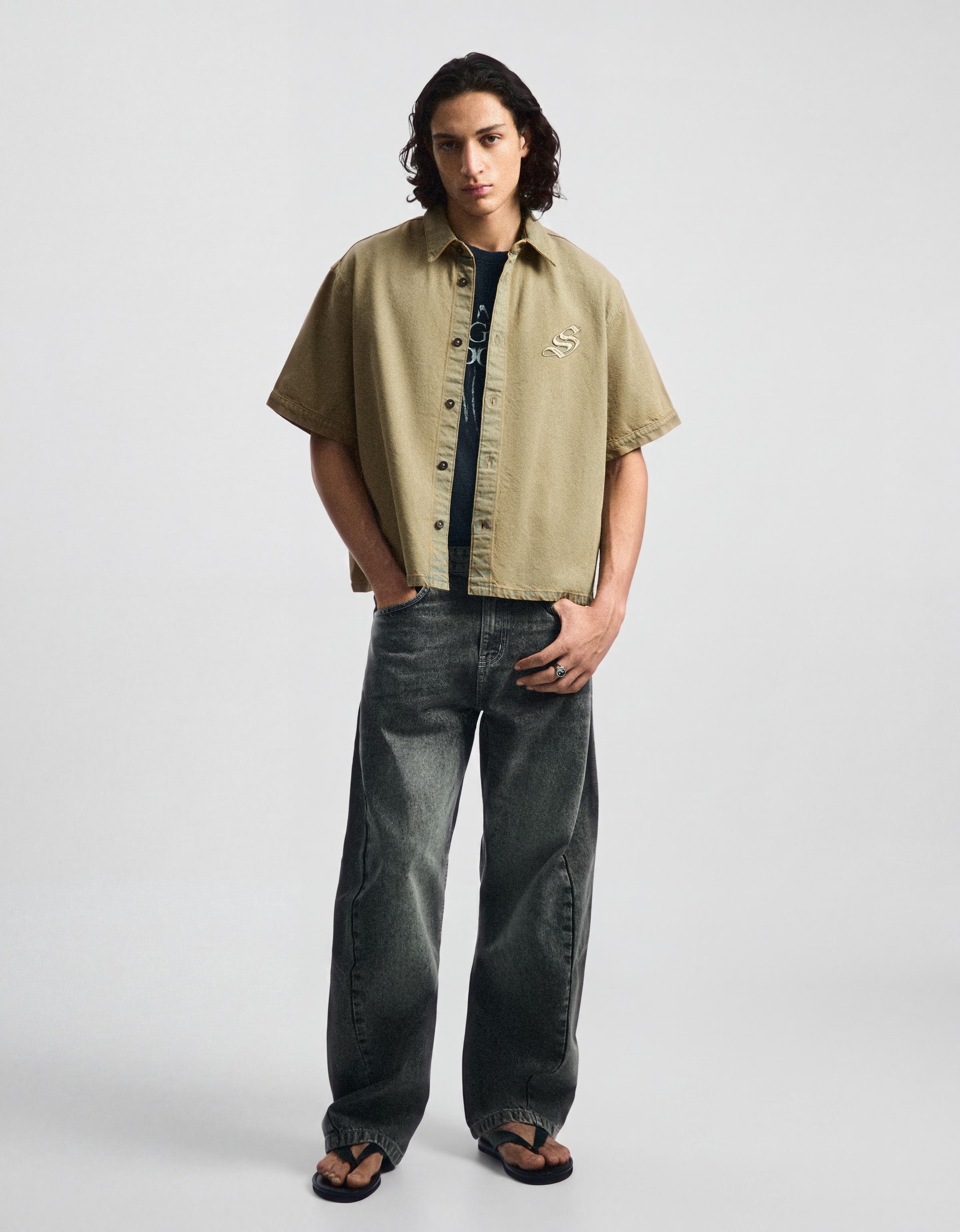 Short sleeve boxy textured shirt — Khaki