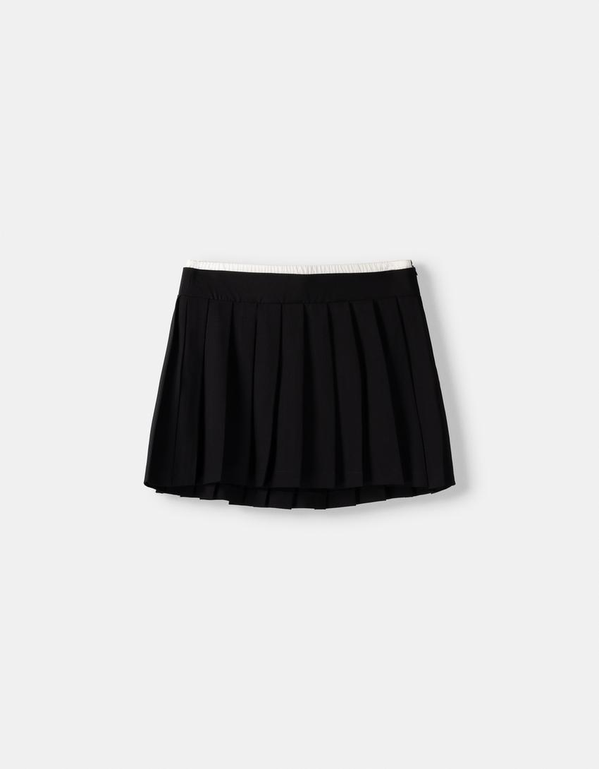 Contrast elastic poplin box pleat mini skirt-Black