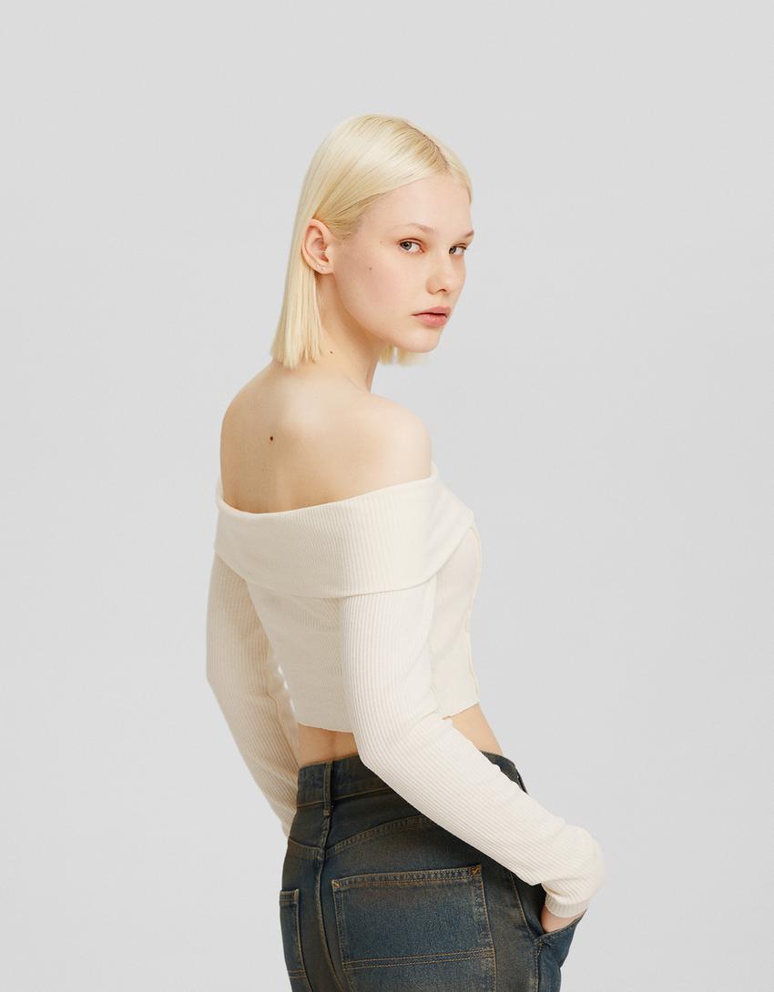 كارديجان بياقة باردو محاكة بسحاب-كريمي-1