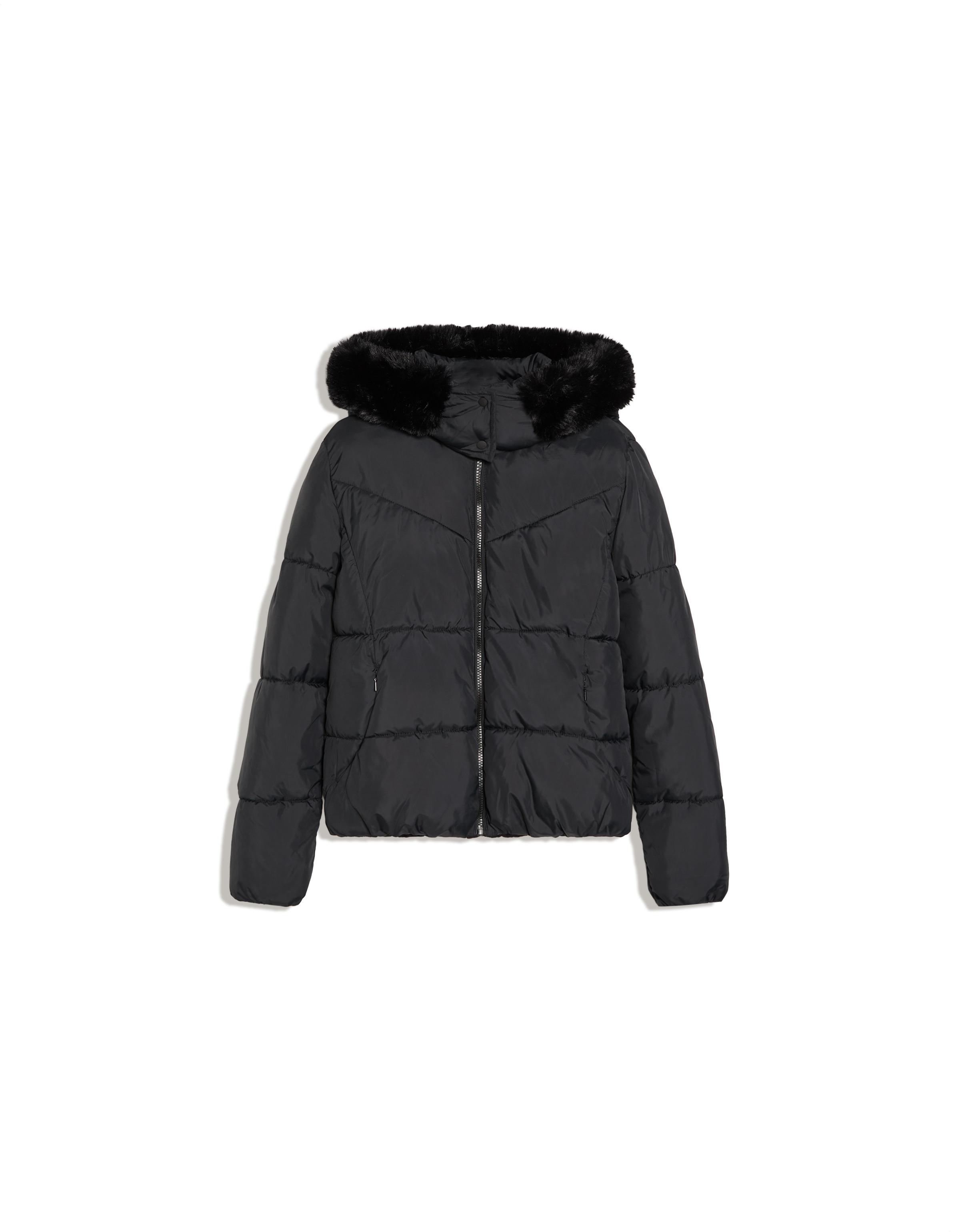 Padded jacket with fur hood — Black
