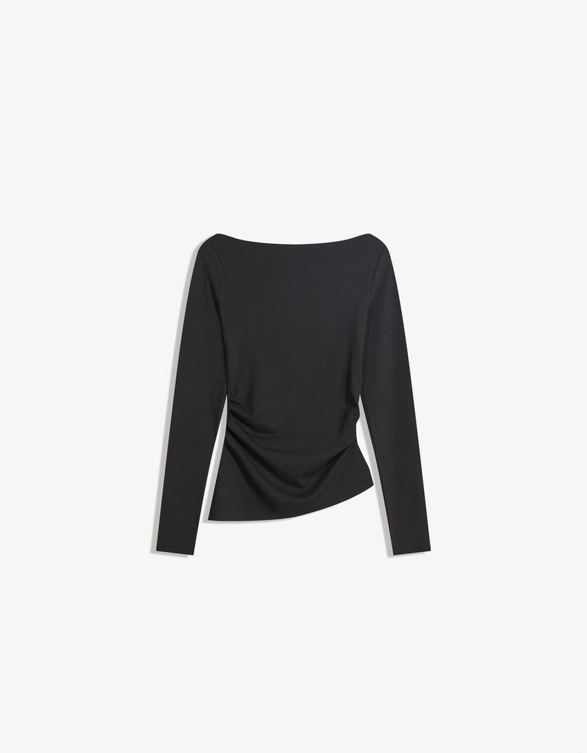 Langærmet, asymmetrisk T-shirt-Sort-3