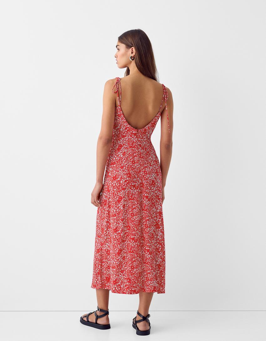 Midi dress with straps and gathered front-Red-2