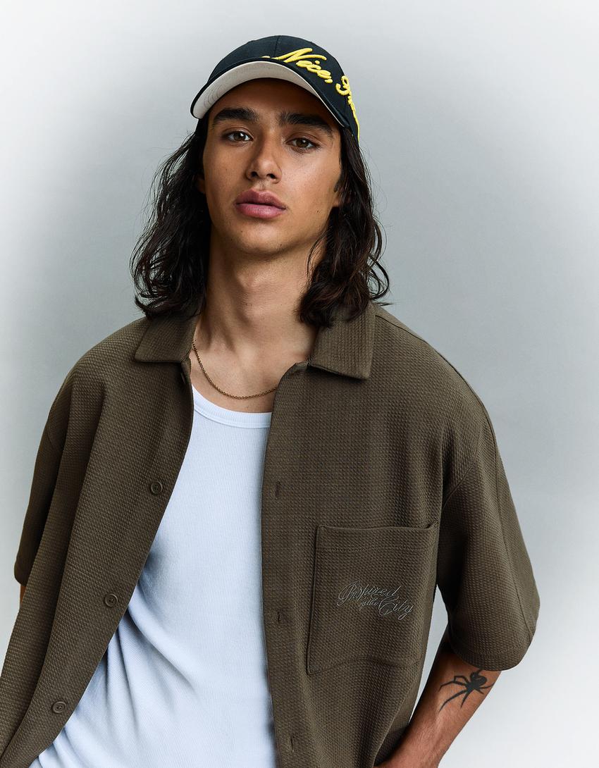 Waffle-knit short sleeve shirt-Khaki