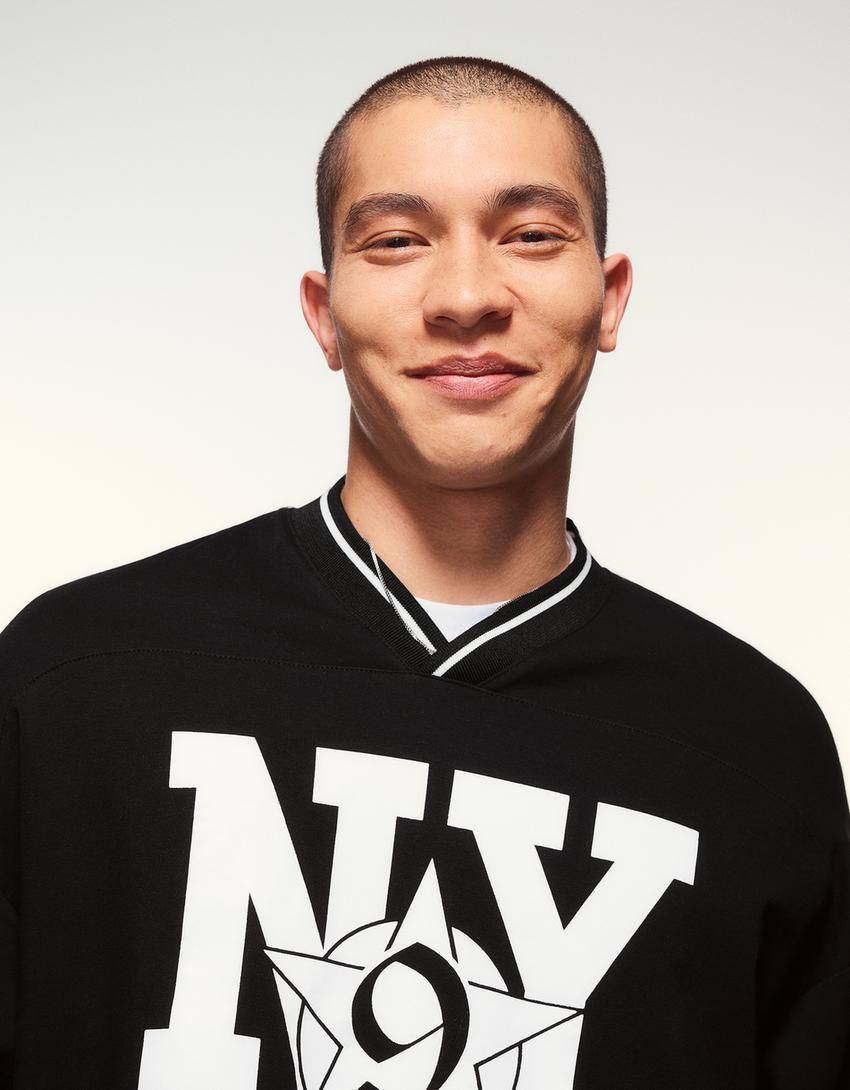 T-shirt met korte mouw en sportprint-Zwart