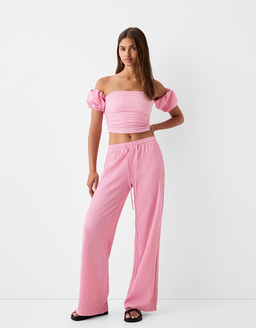 Poplin sleeve chenille top-Pink-3