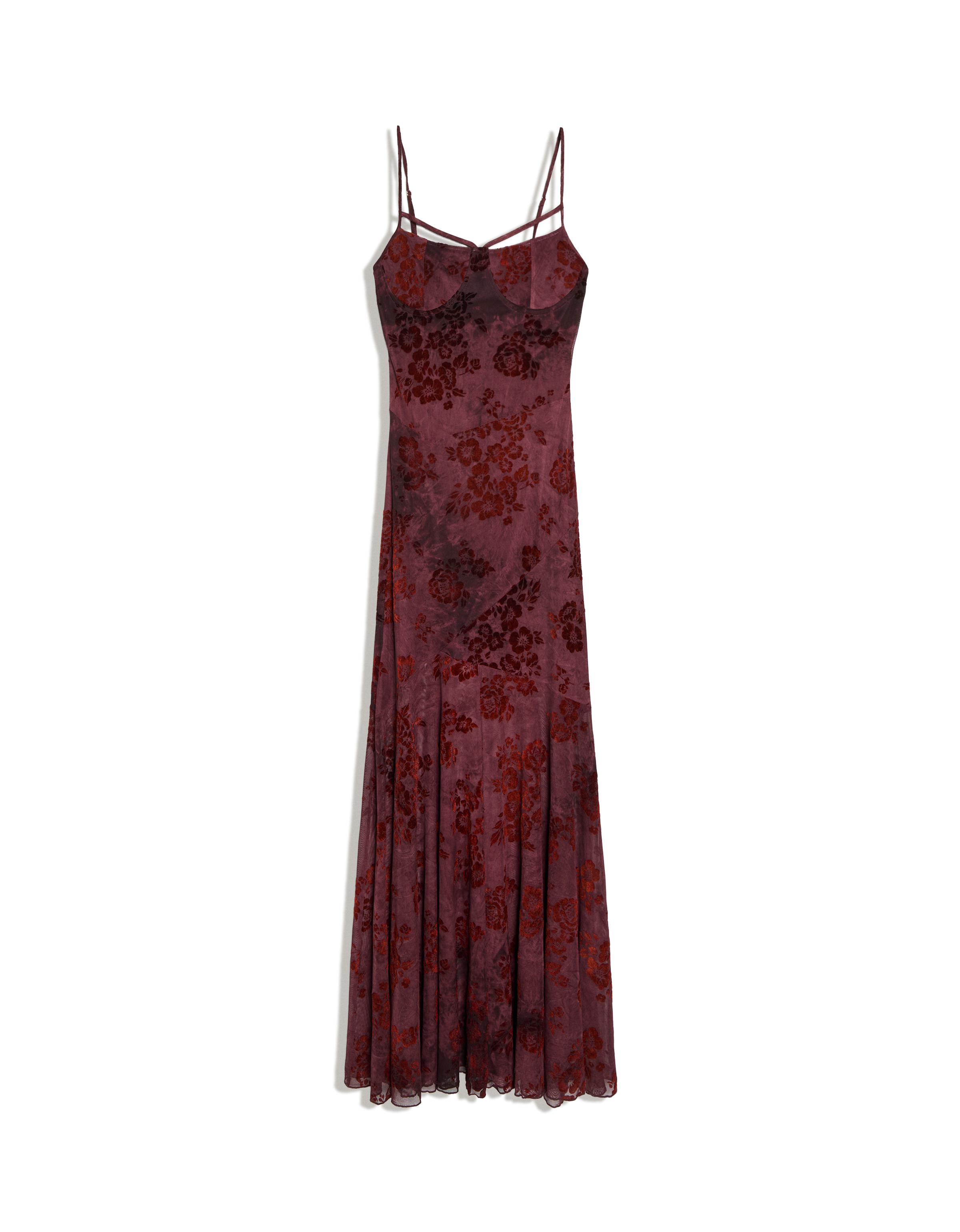 Flocked tulle midi dress with straps — Brown