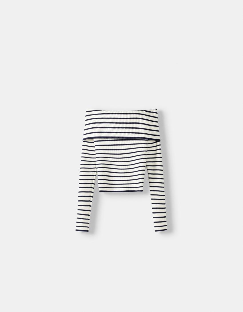 Pull col Bardot revers rayures-Écru-5