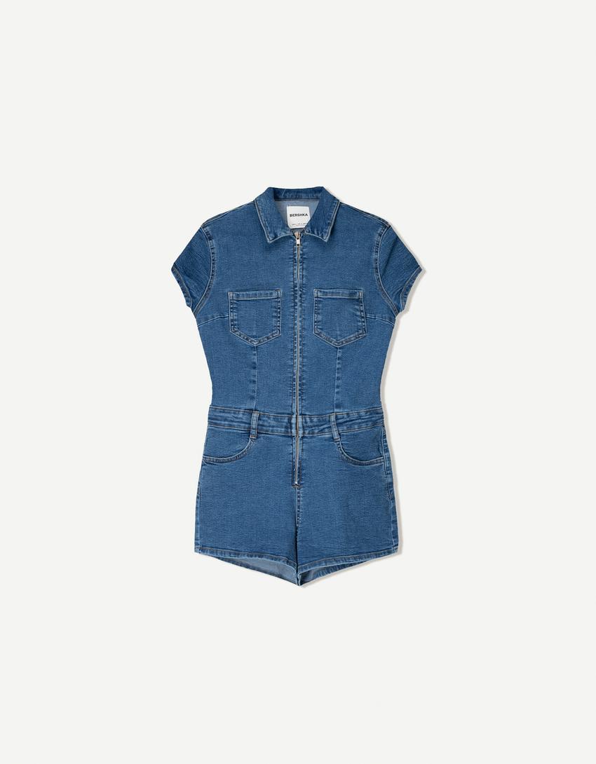 Combishort en jean-Bleu lavé