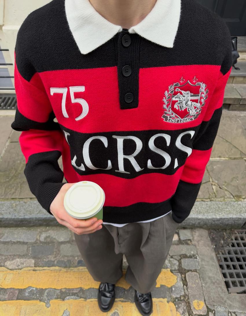 Embroidered polo collar jumper-Red