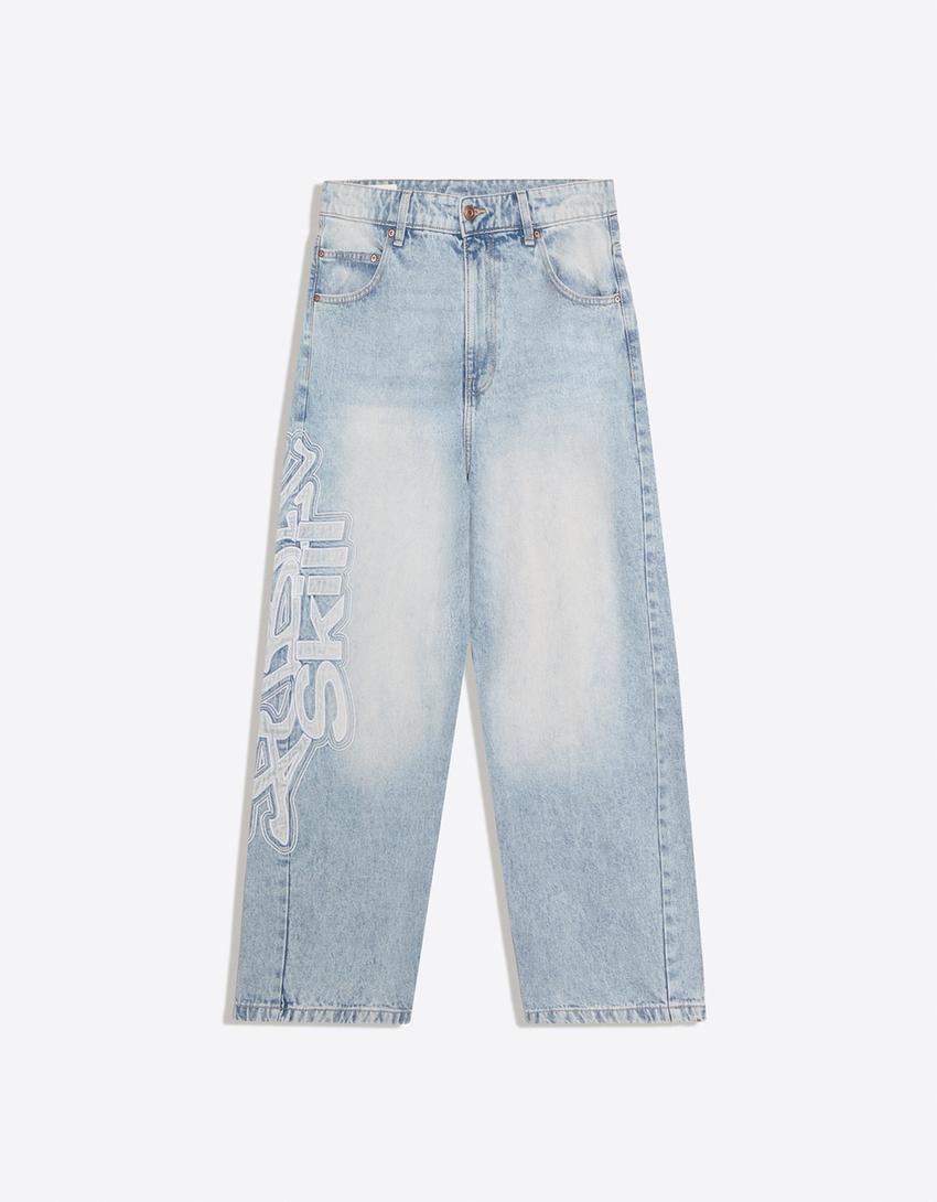 Super Baggy Jeans mit seitlichen Patches-Ausgewaschenes Blau