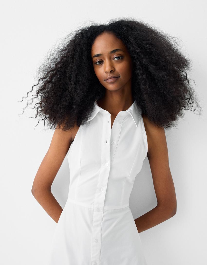 فستان ميدي هالتر بوبلين بأزرار-أبيض-1