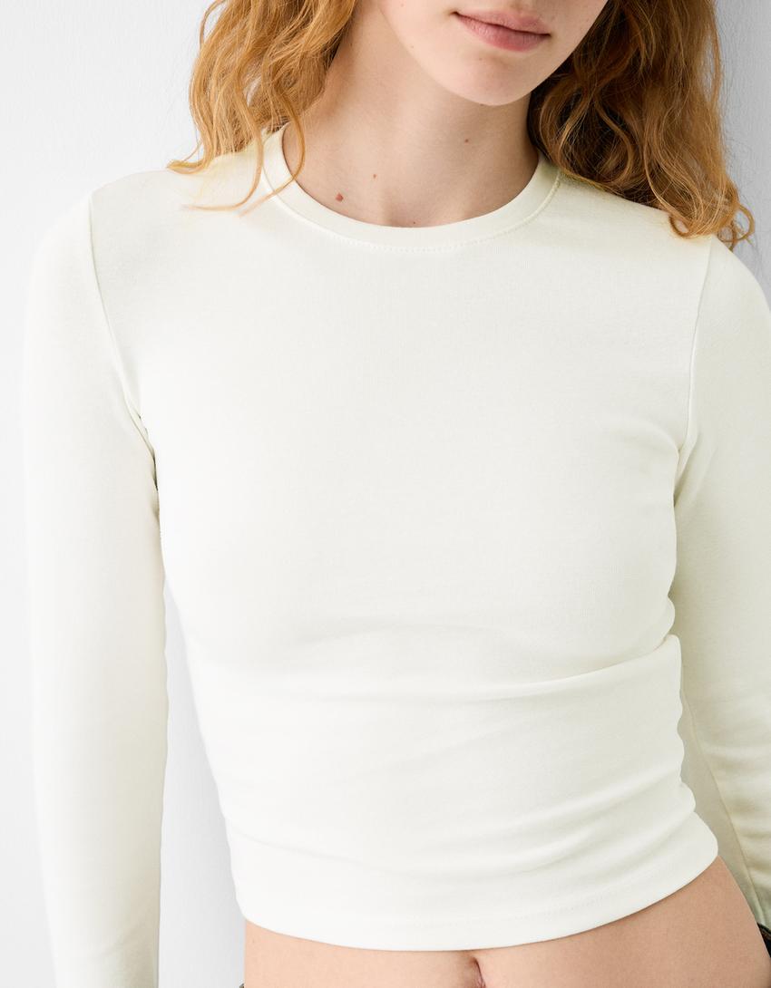 Uzun kollu bisiklet yaka t-shirt-Kirli beyaz-5
