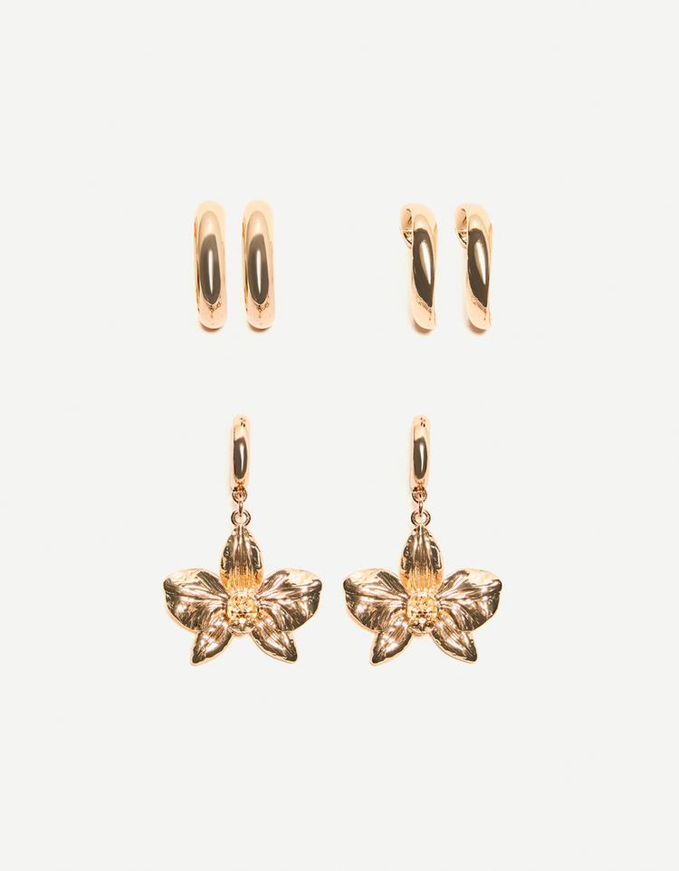 3-pack of flower and hoop earrings