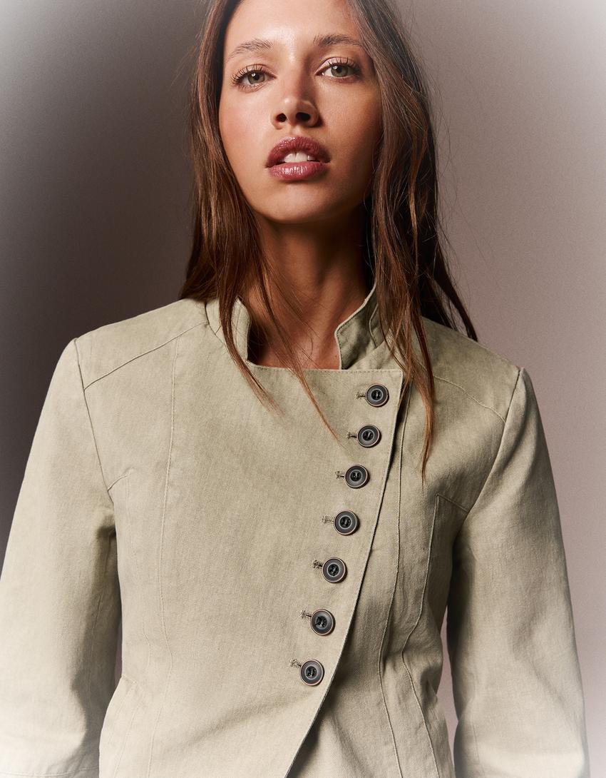 Düğmeli kruvaze blazer-Krem