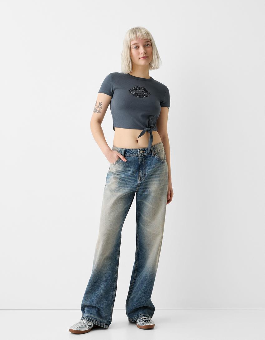 Baskılı kısa kollu t-shirt-Koyu gri-3