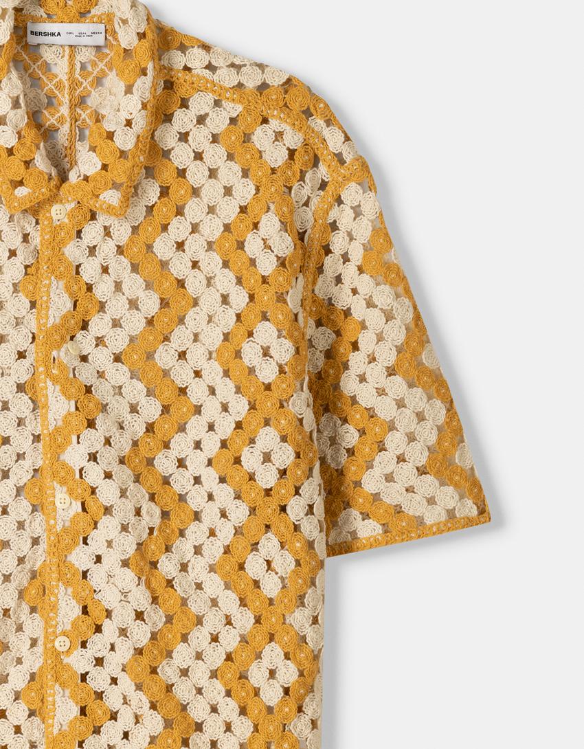 Kısa kollu geometrik kroşe gömlek-Sarı-2